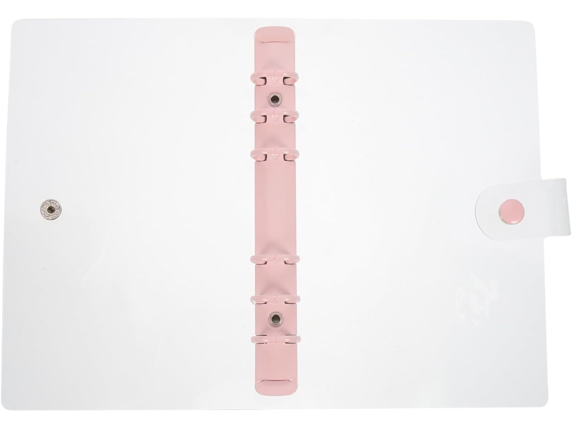 Adesivo transparente A6 em PVC rosa com 6 anéis, recarregável e durável, ideal para decorar escolas e carteiras.