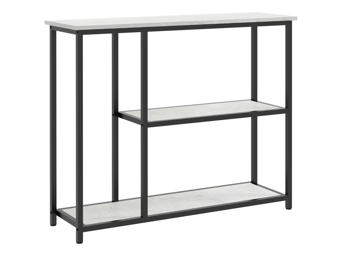 Mesa Console em Industrial, 2 Prateleiras, Visual Mármore, Preto + Branco Ge