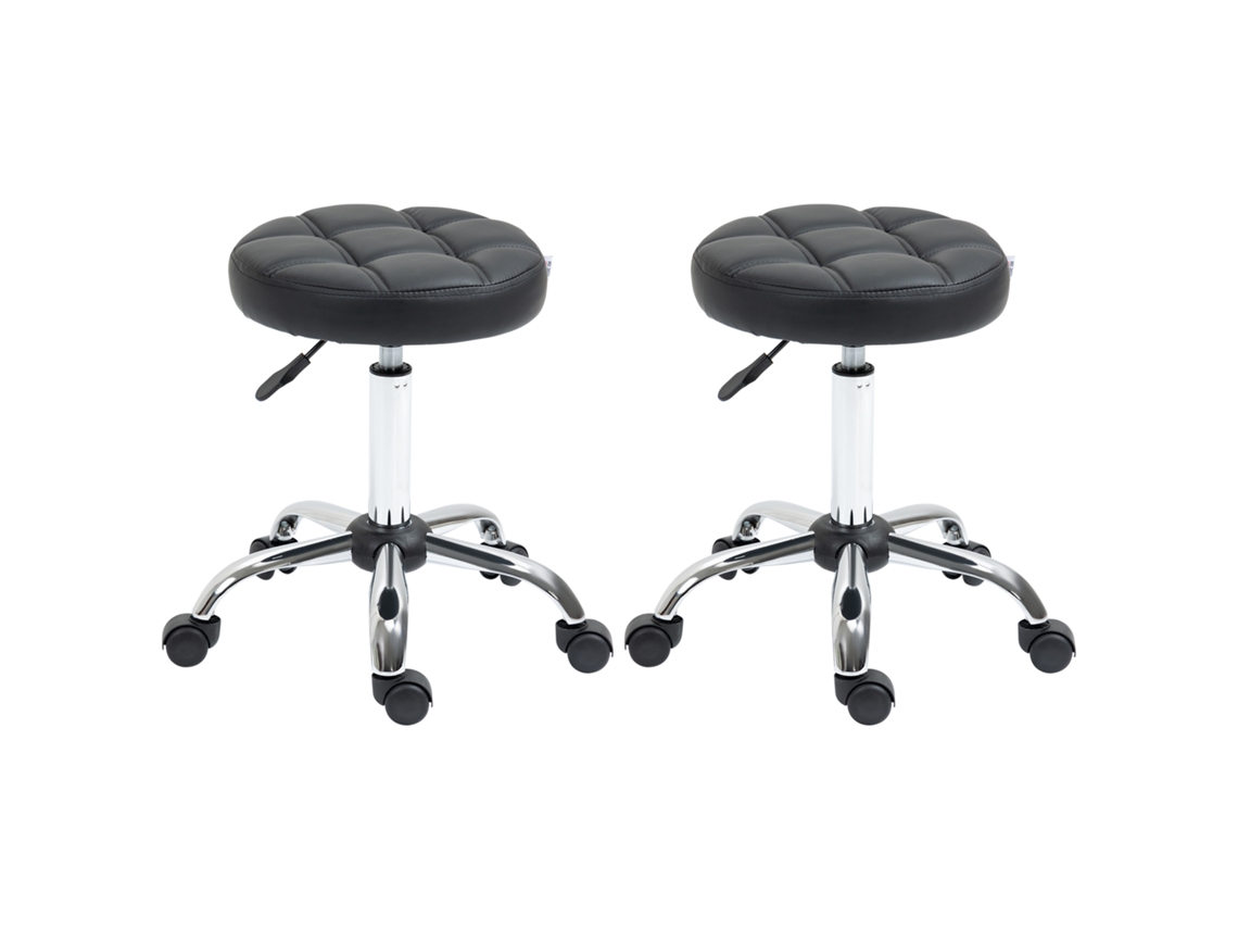 Conjunto 2 Bancos Giratórios Reguláveis Em Altura Com Rodas Em Couro Sintético Preto Ø35,5x48–63cm Para Salão De Beleza