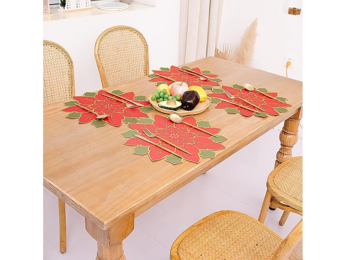 Nova Line conjunto de 4 Tapetes de Mesa Natal Poinsettia Vermelho e Verde Flores Natalinas