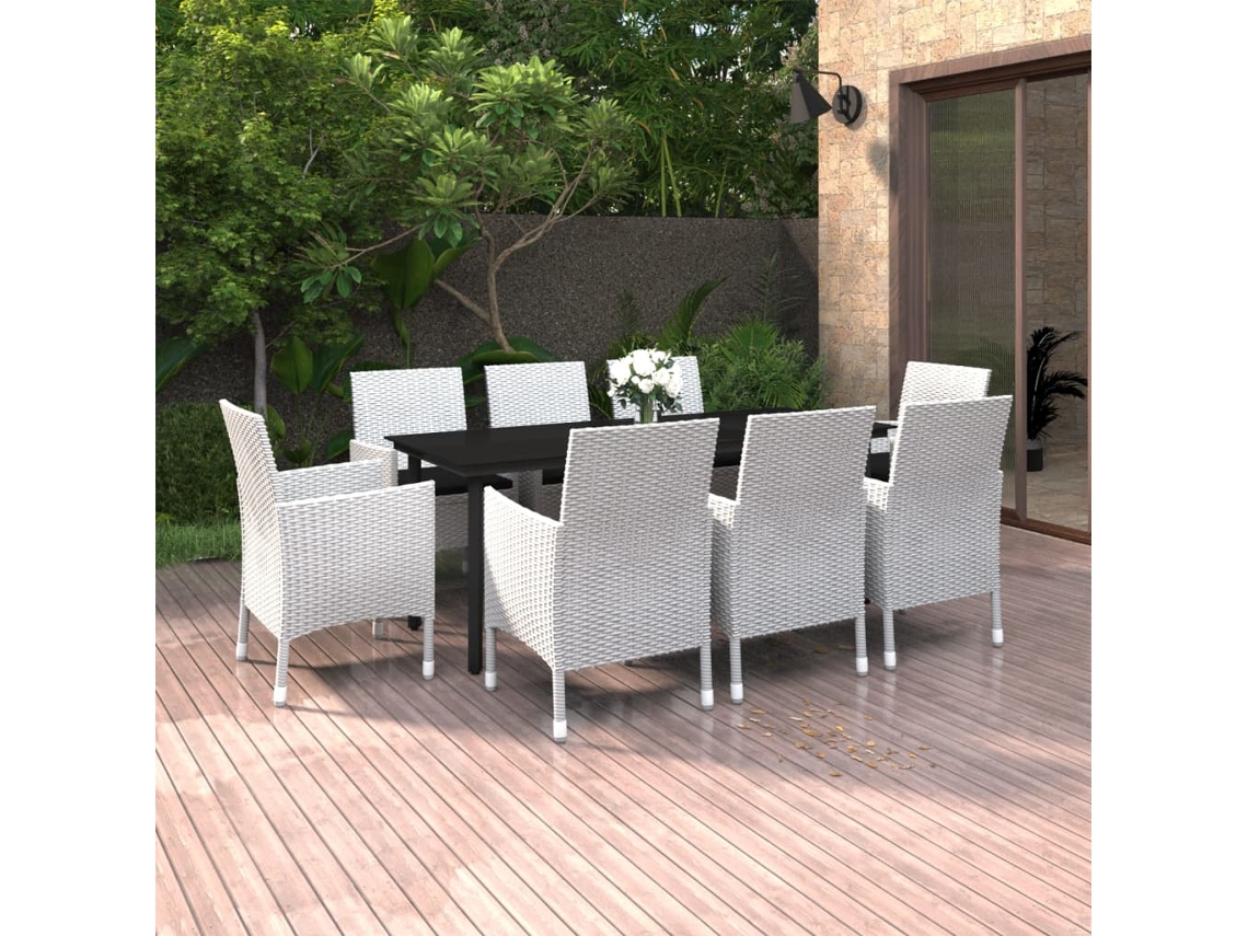 Vidaxl 9 Pcs Conjunto Jantar Jardim C/ Almofadões Vime Pe E Vidro