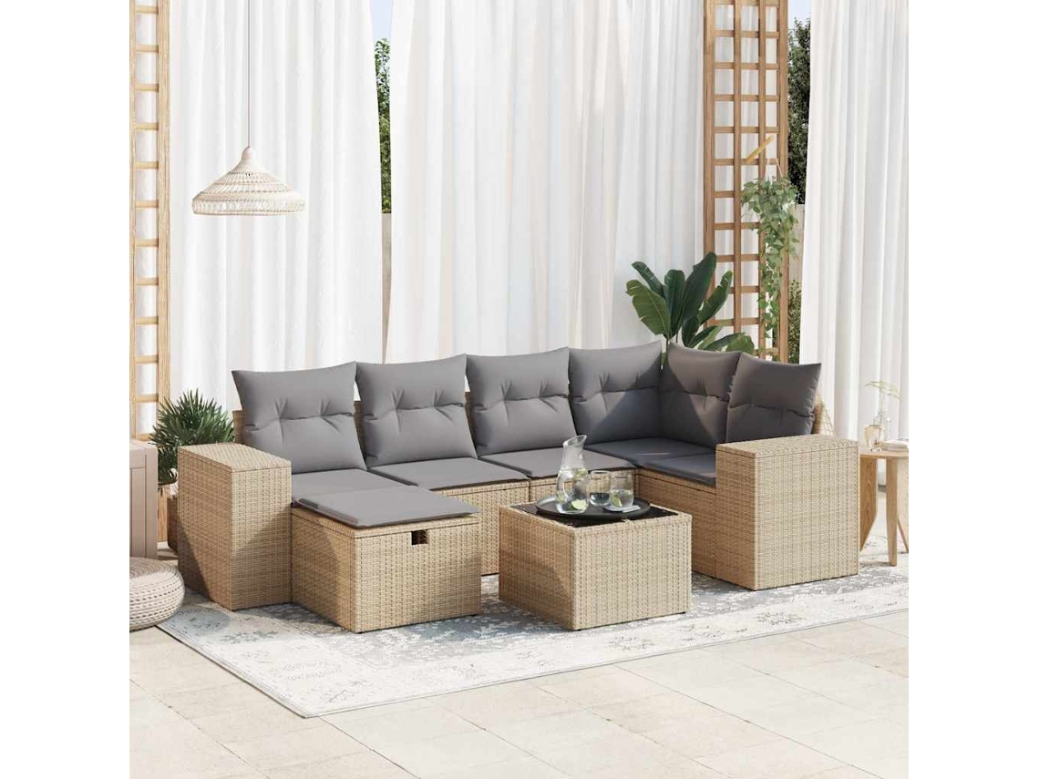Vidaxl 7 Pcs Conjunto De Sofás P/ Jardim Com Almofadões Vime Pe Bege