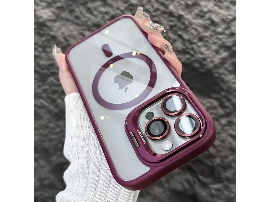 Capa Para Iphone 17 Pro Na Cor Borgonha Com Suporte Magnético Para Lente, Em Acrílico Transparente, Rígida E Resistente A Impactos.