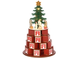 Calendário do Advento Cone com Motivos Temáticos e 10 Luzes Led, 22x22x35 Cm, em Compensado, Vermelho, Verde e Amarelo Ge