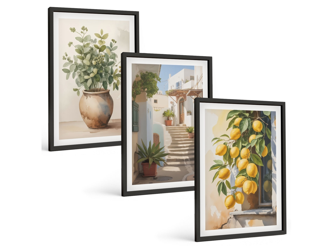 Composição De Quadros Na Parede Plantas, Plantas Em Vasos, Limões, Rua Moldura Preta Fotos Para O Escritório Espelharte (3 Piezas De 40x60 Cm)