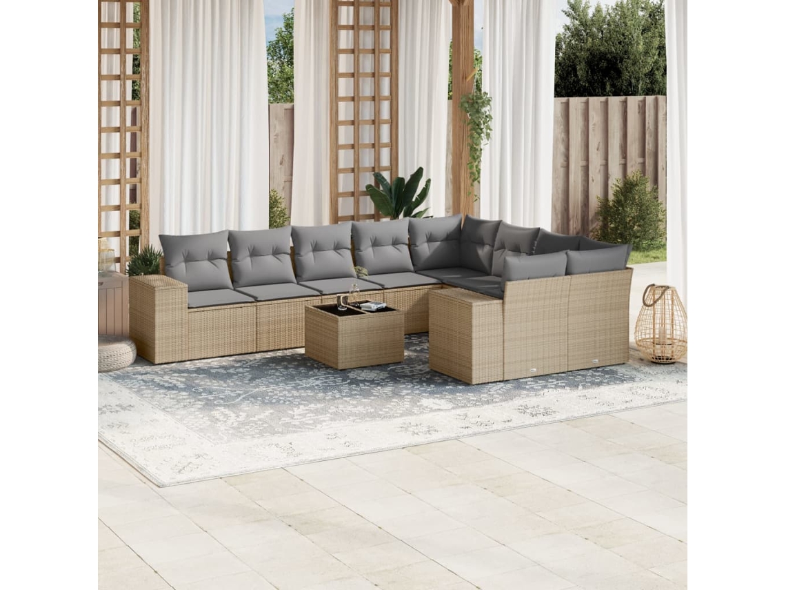 Vidaxl 10 Pcs Conjunto De Sofás P/ Jardim Com Almofadões Vime Pe Bege