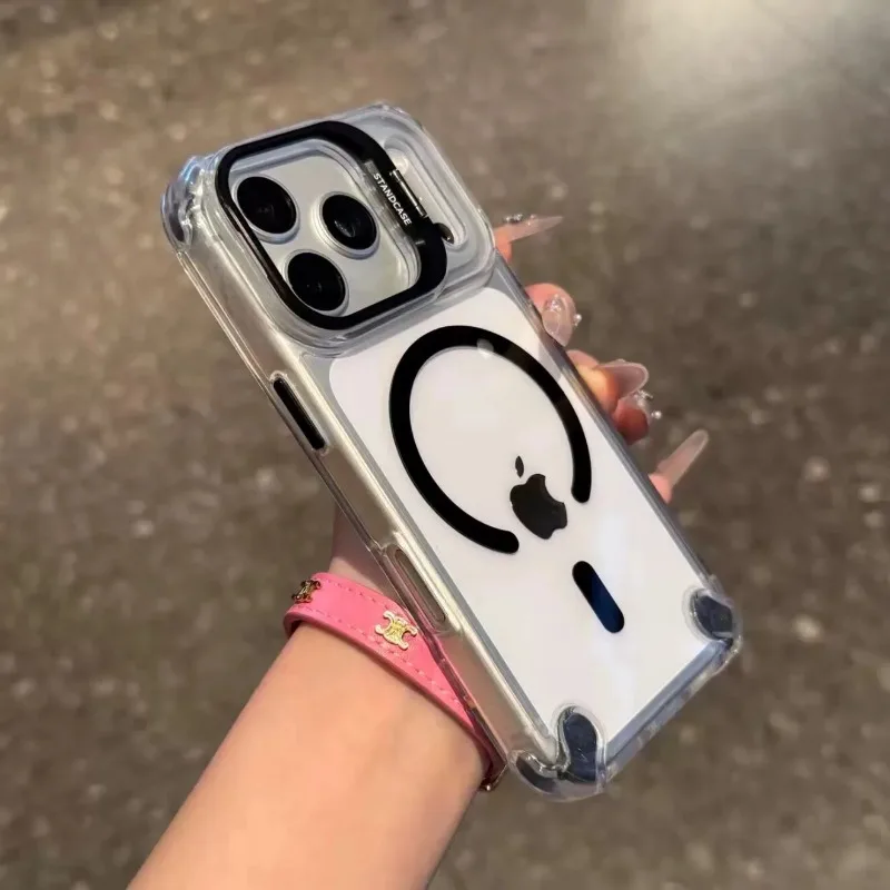 Capa Transparente Para Celular Com Suporte Para Câmera E Airbag (preta Para Iphone 16 Pro), À Prova De Choque.