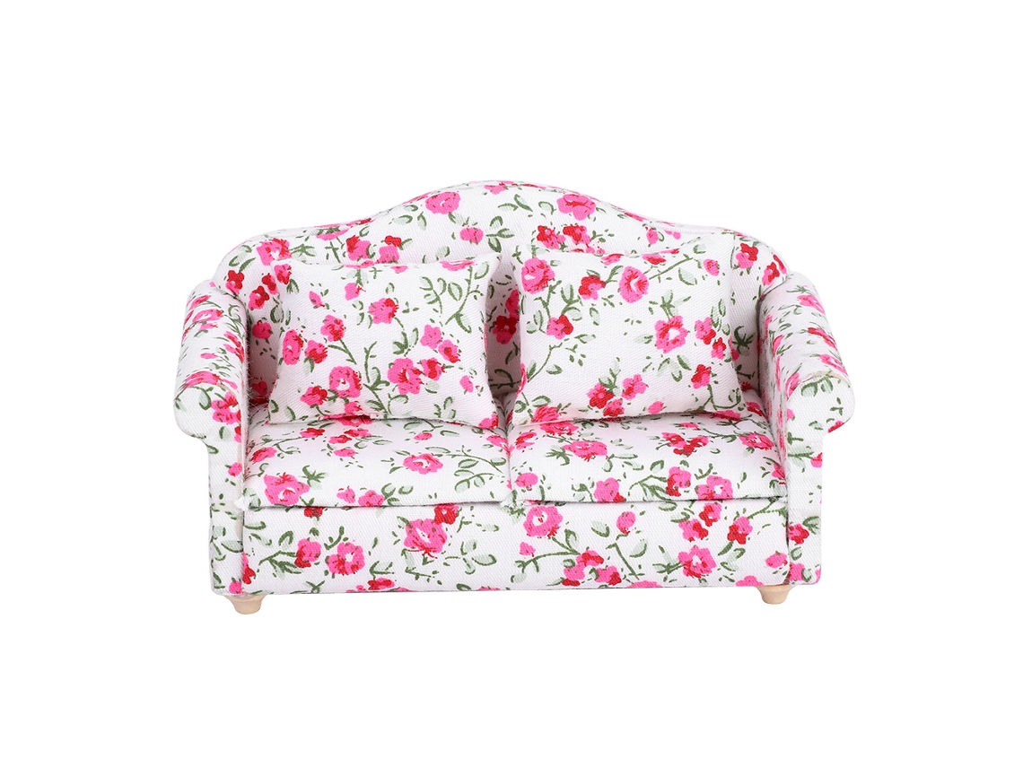 Mali acessório de Casinha de Bonecas Sofá Duplo Mini Padrão Flor para Escala 1/12 (2)