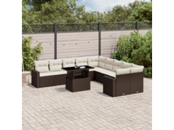 11 Pcs Conjunto Sofás De Jardim C/ Almofadões Vime Pe Castanho Dkd Home Decor
