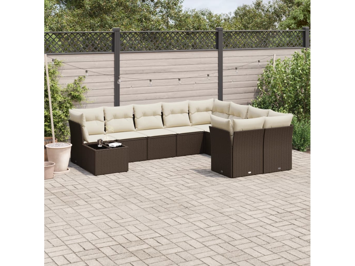 Vidaxl 10 Pcs Conj. Sofás Jardim Com Almofadões Vime Pe Castanho