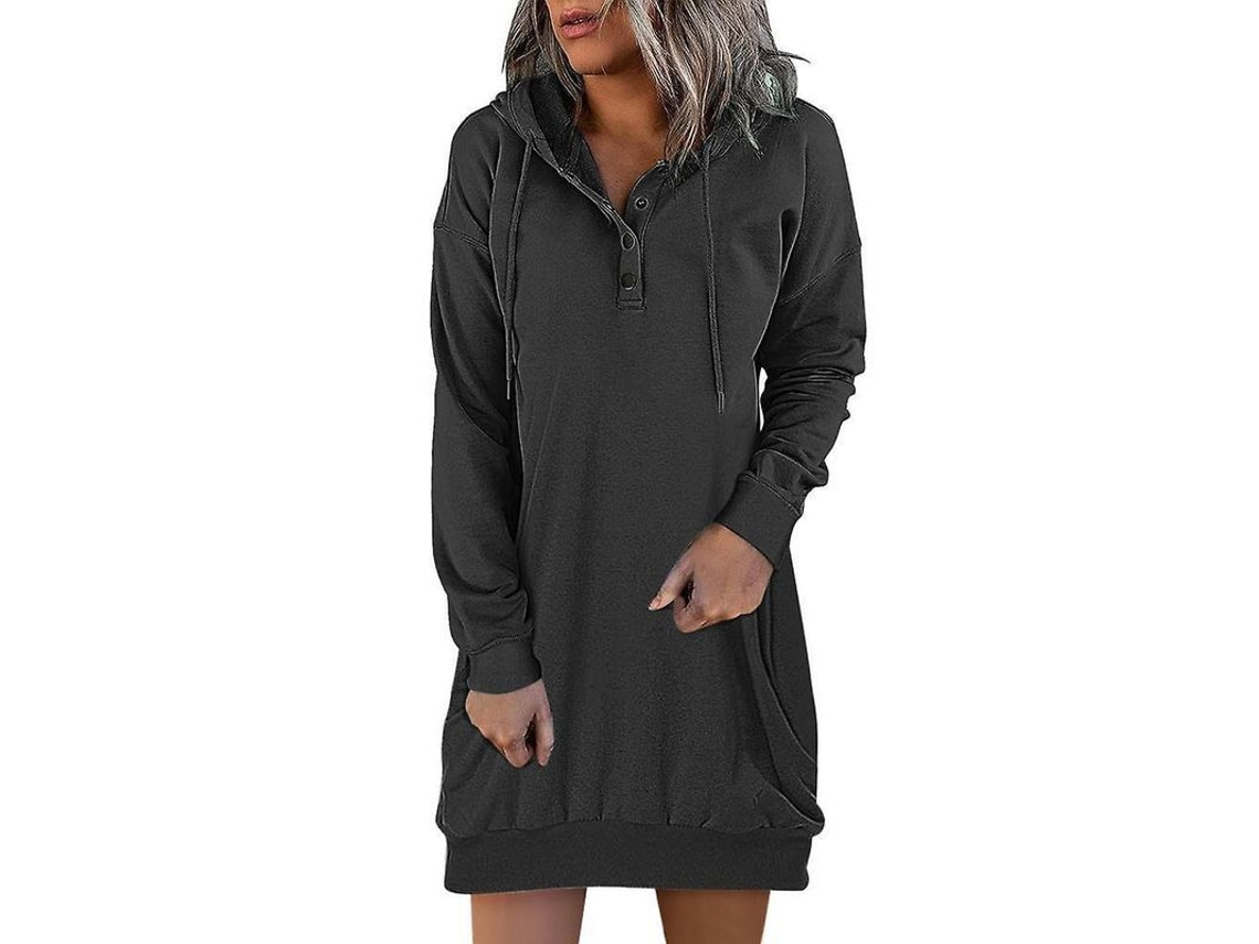 2026 vestido de Sudadera Con Capucha Vintage Otoño Invierno Solido Casual Mujer M Negro