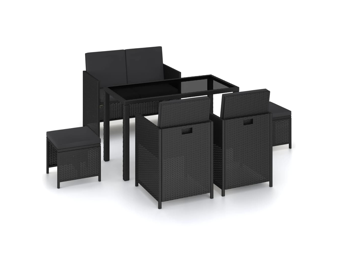 vidaXL 6 pcs conjunto jantar exterior com almofadões vime PE preto