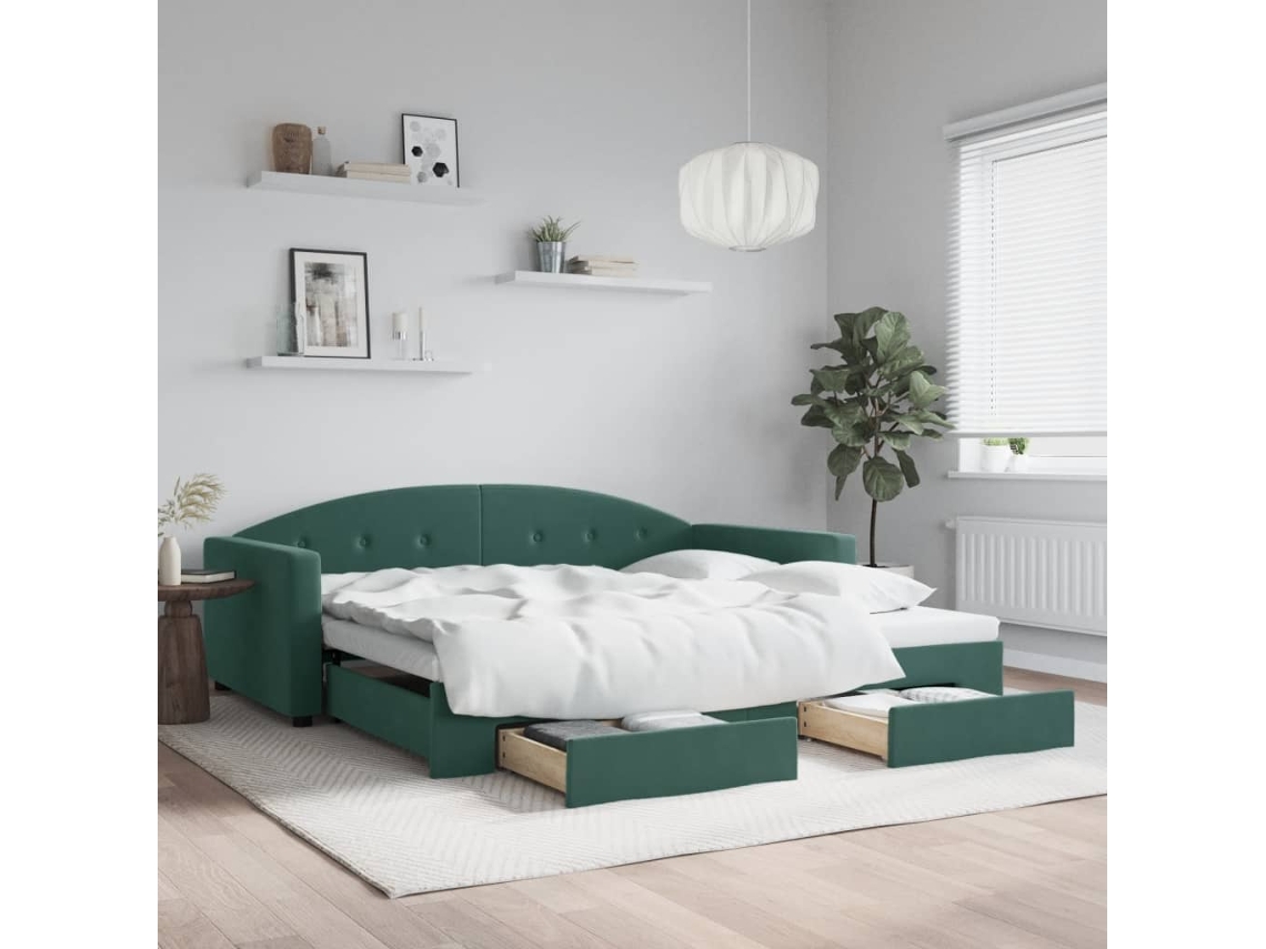 Sofá cama con cajones y terciopelo verde oscuro de 100x200 cm.