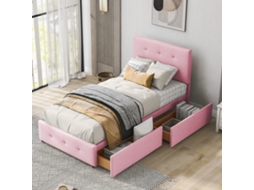 Cama Polsterada 90x200cm Com Estrado,encosto E 2 Gavetas Em Veludo Beje Para Quarto Infantil,juvenil E De Convidados Mega Echo Trade Shop