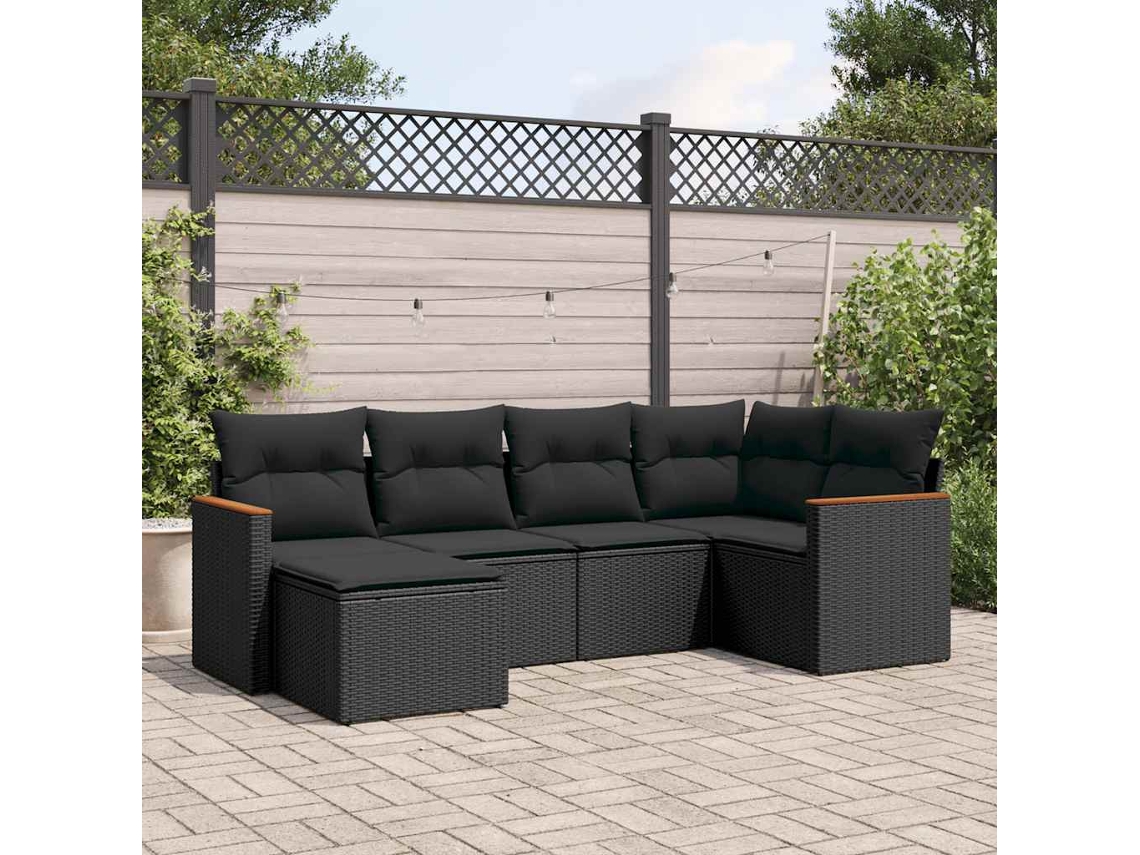 Vidaxl 6 Pcs Conjunto Sofás De Jardim C/ Almofadões Vime Pe Preto