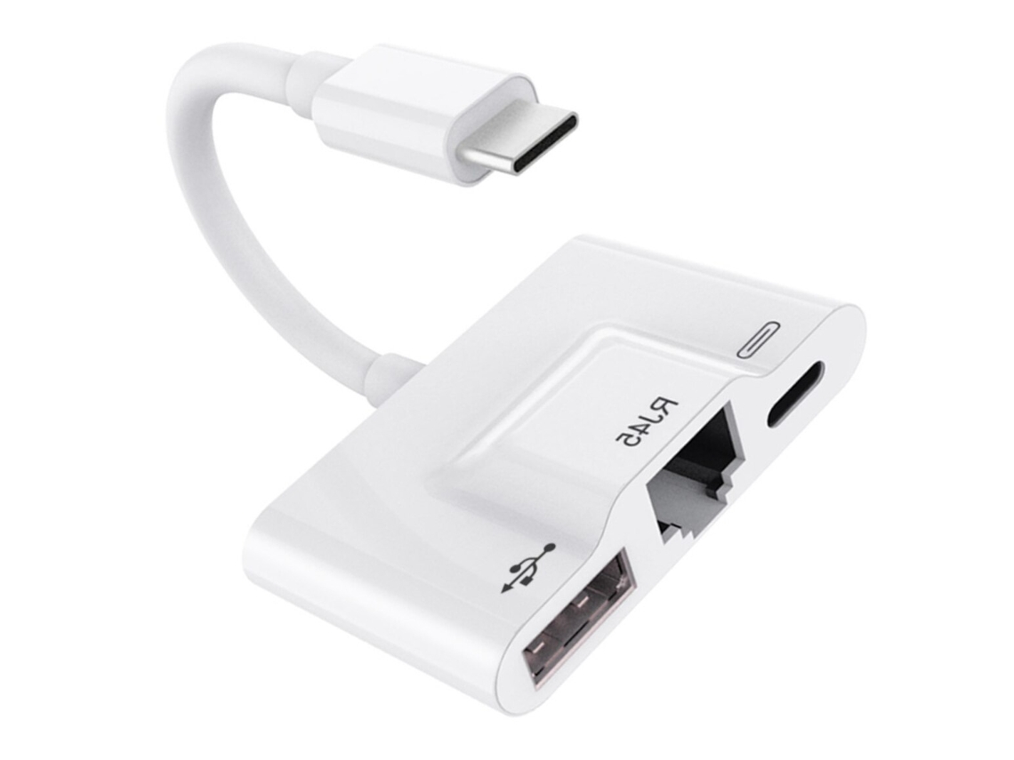 Adaptador Usb c para Rj45 Gigabit, 3 em 1 Portátil, Branco AOZORZ