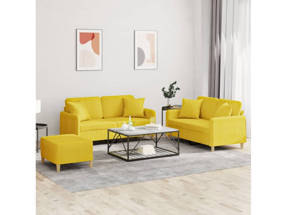 Vidaxl 3 Pcs Conjunto De Sofás Com Almofadas Tecido Amarelo-claro