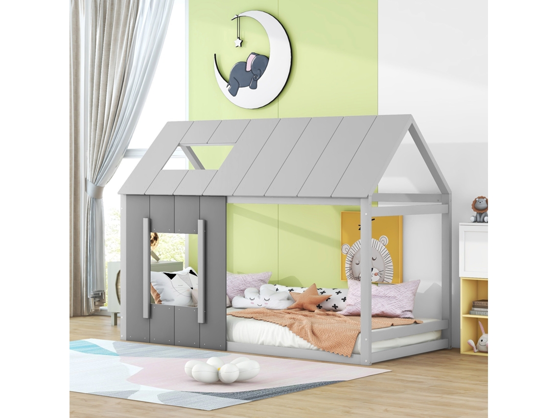 Cama Infantil 90x200 Forma De Casa Com Telhado E Janela Cinza Escuro Claro