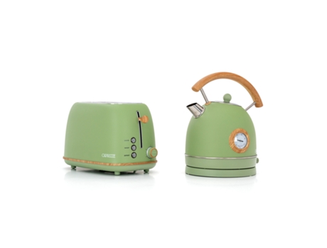 Pacote de torradeira de pão CAPRIZZE Kaito com ranhura dupla extra larga e chaleira Nara na cor verde fosco com design retrô vintage