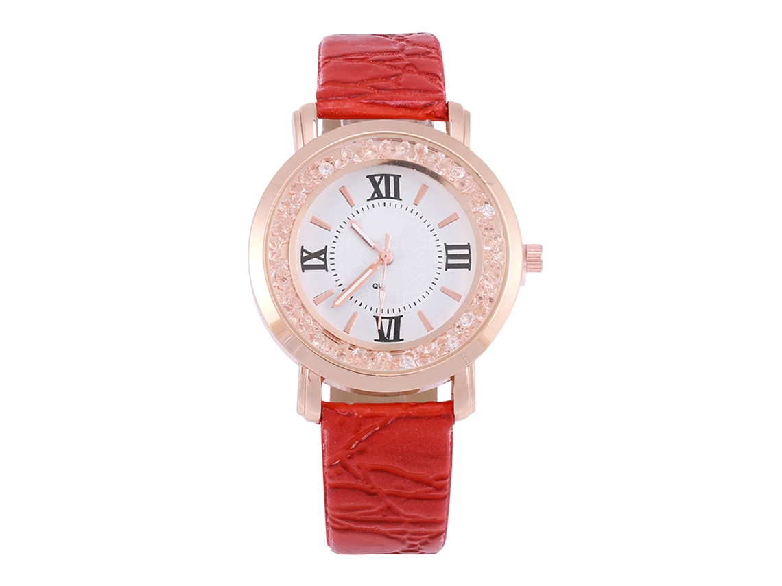 Relógio de Pulso Feminino Analógico de Quartzo com Strass Cinta Pu Vermelho Elegante