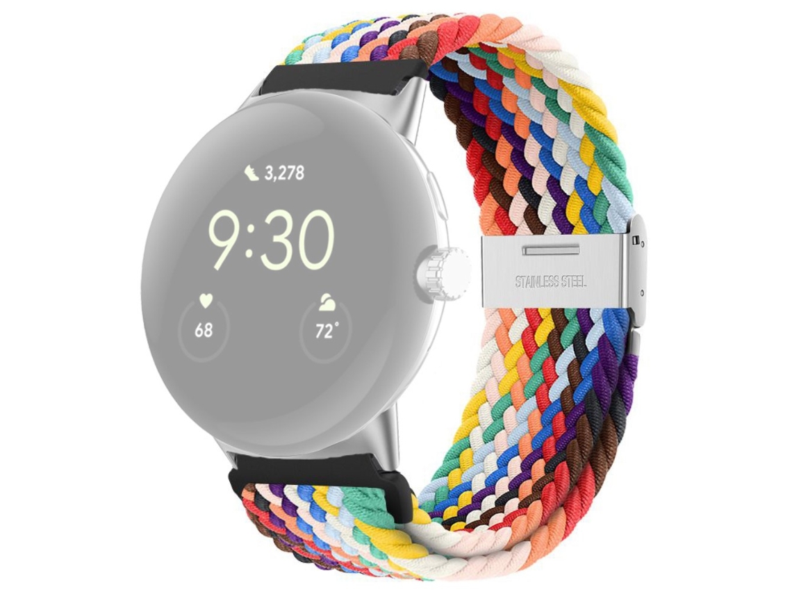 Bracelete de Nylon Design de Fivela Ajustável Respirável para Google Pixel Watch Arco-Íris