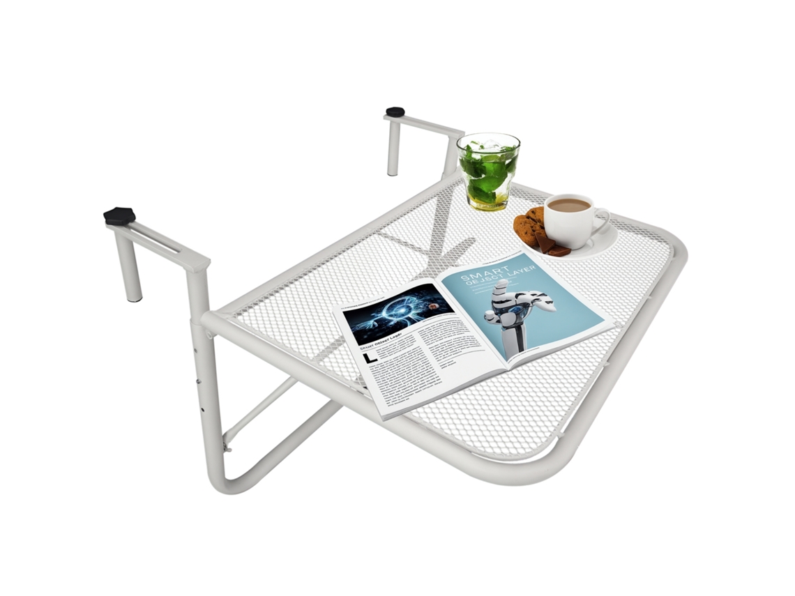 Mesa suspensa para varanda com braço e altura ajustável em 3 posições estrutura de metal 60x56,5x45 Cm Branco | S/MARCA