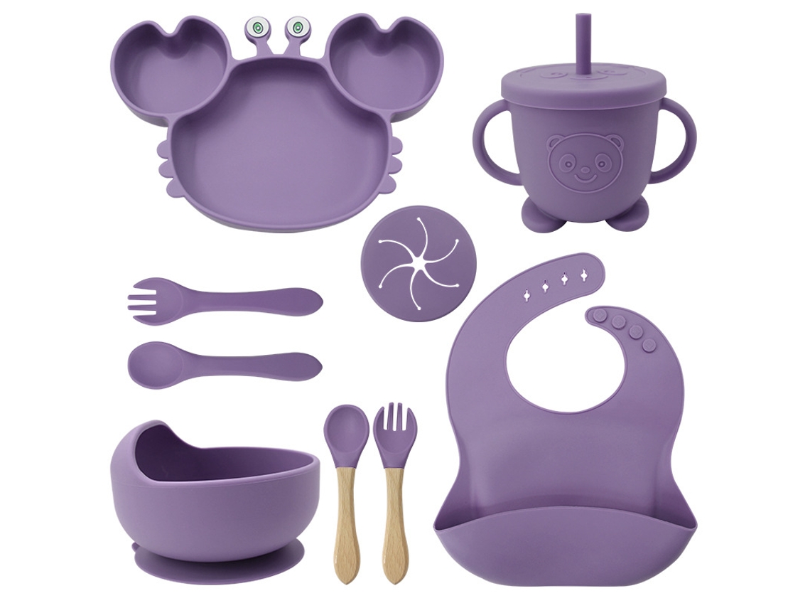 Silicone Roxo 9 Conjuntos De Talheres Para Bebês: Pratinhos, Tigelas, Copos, Aventais E Talheres Com Estampa De Caranguejo