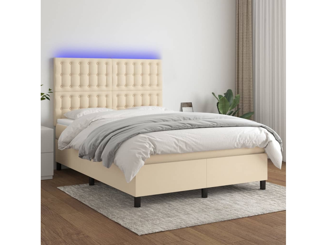 Vidaxl Cama Box Spring C/ Colchão E Led 140x190 Cm Tecido Cor Creme