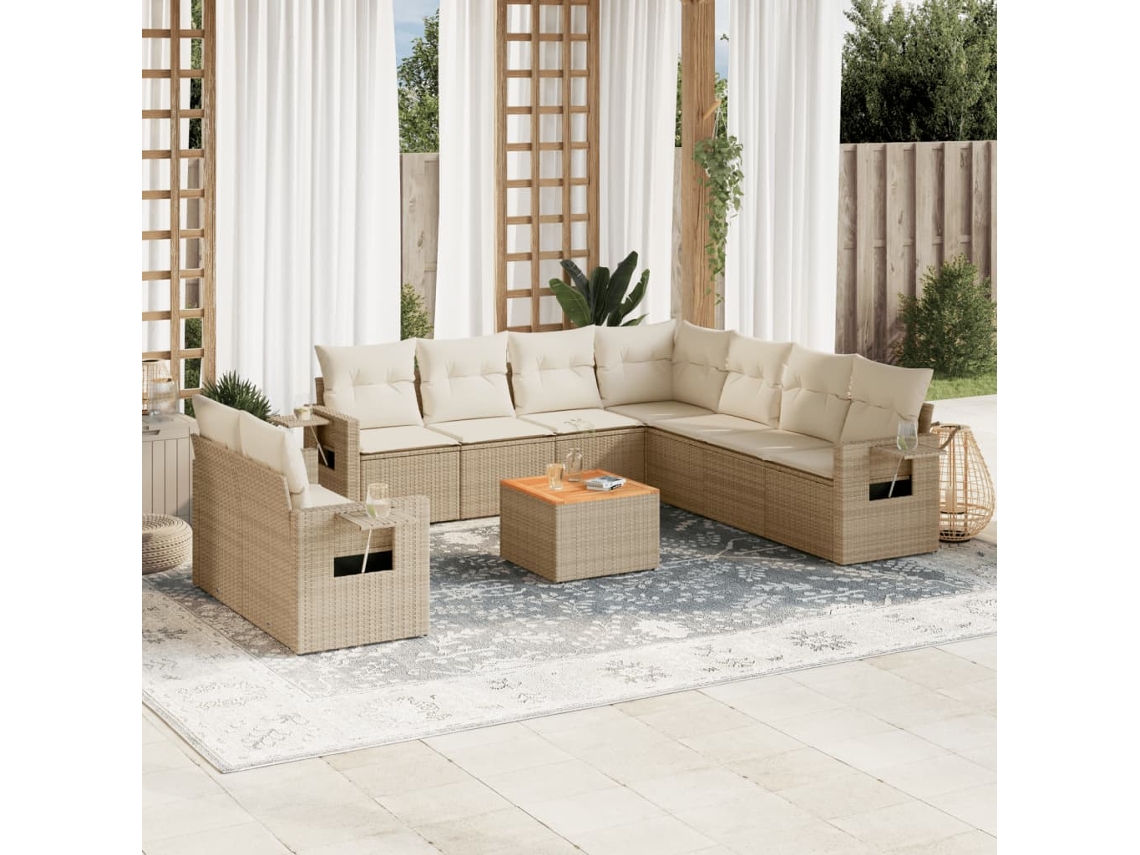 Vidaxl 10 Pcs Conjunto De Sofás P/ Jardim Com Almofadões Vime Pe Bege