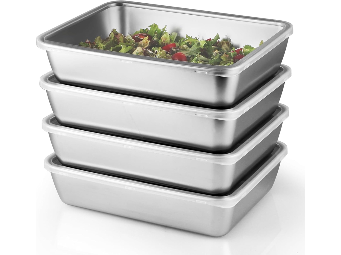 Conjunto De 4 Recipientes De Aço Inoxidável Com Tampas Transparentes 10 X 7.75 Polegadas Para Alimentos