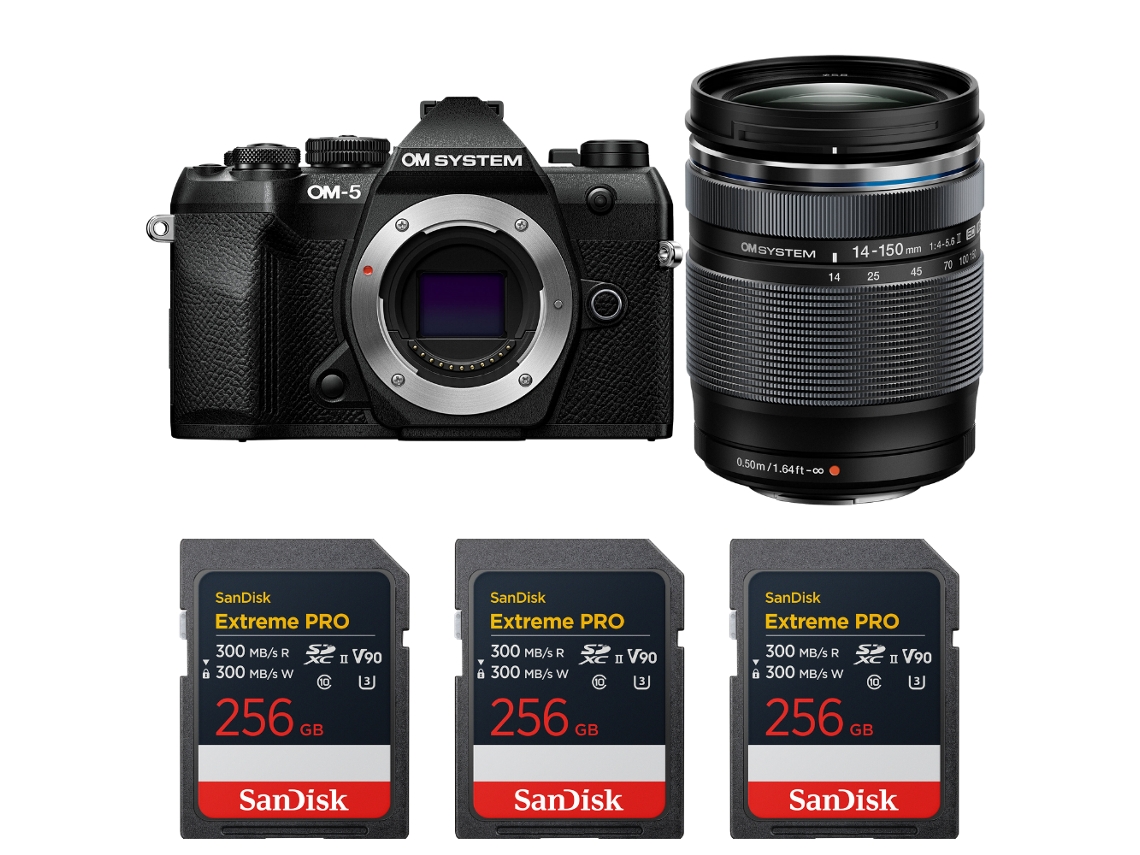 Om 5 Mark Ii Preto + 14 150mm F/4 5.6 Ii + 3 Sandisk 256gb Extreme Pro Uhs ii Sdxc + Ebook “20 Dicas para Fotos Que Impressionam” OM SYSTEM