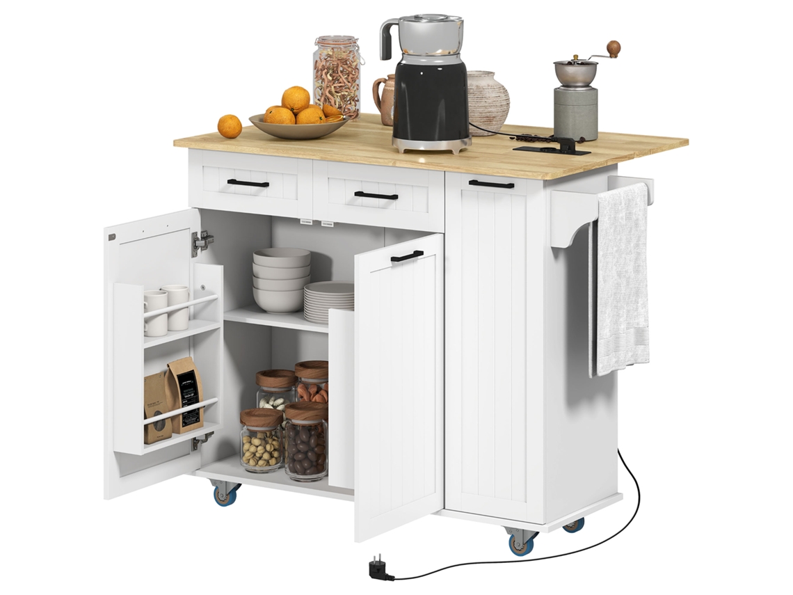 Ilha de Cozinha com Rodas USB branco placa dobrável 2 gavetas suporte para temperos e toalhas 119,5x74x94,5 Cm | S/MARCA