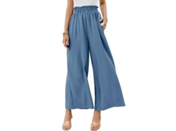 Calça Boho Feminina Rebe de Cintura Alta com Pernas Largas e Caimento Fluido, Tamanho P, Azul