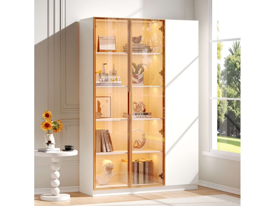 Vitrine Em Vidro, 165 Cm De Altura – Vitrine De Três Portas Com Iluminação Led Multicolorida Ajustável, Vitrine Independente Com Vidro De Segurança