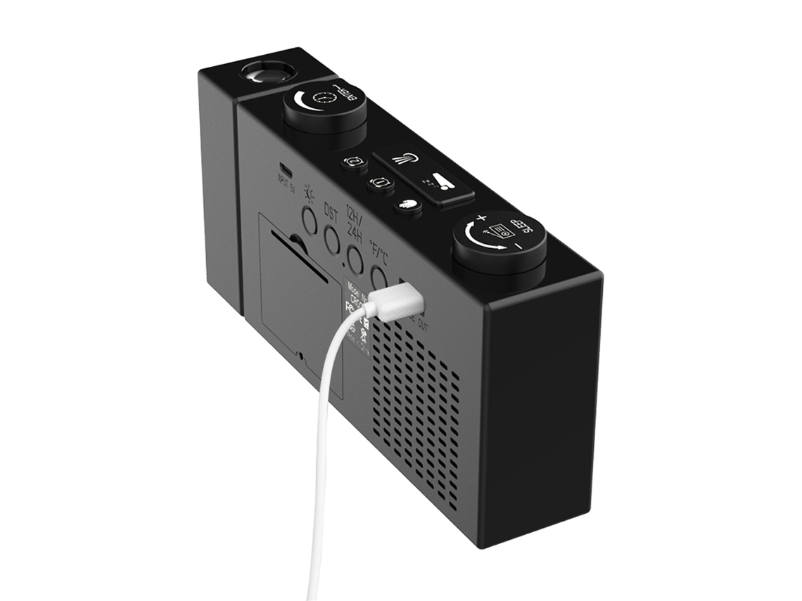Relógio despertador projeção LCD digital com alarme duplo, soneca, previsão do tempo e carregador USB | S/MARCA