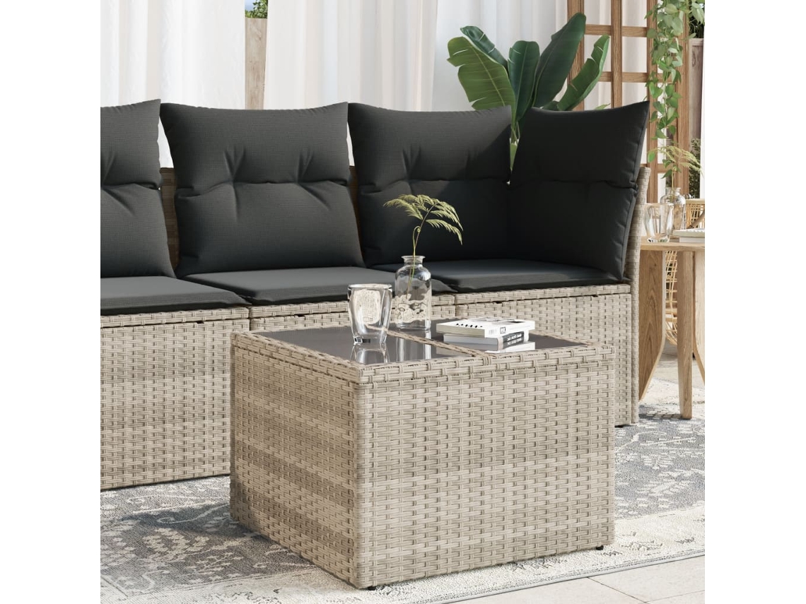 Vidaxl Mesa De Jardim C/ Tampo De Vidro 55x55x37cm Vime Pe Cinza-claro
