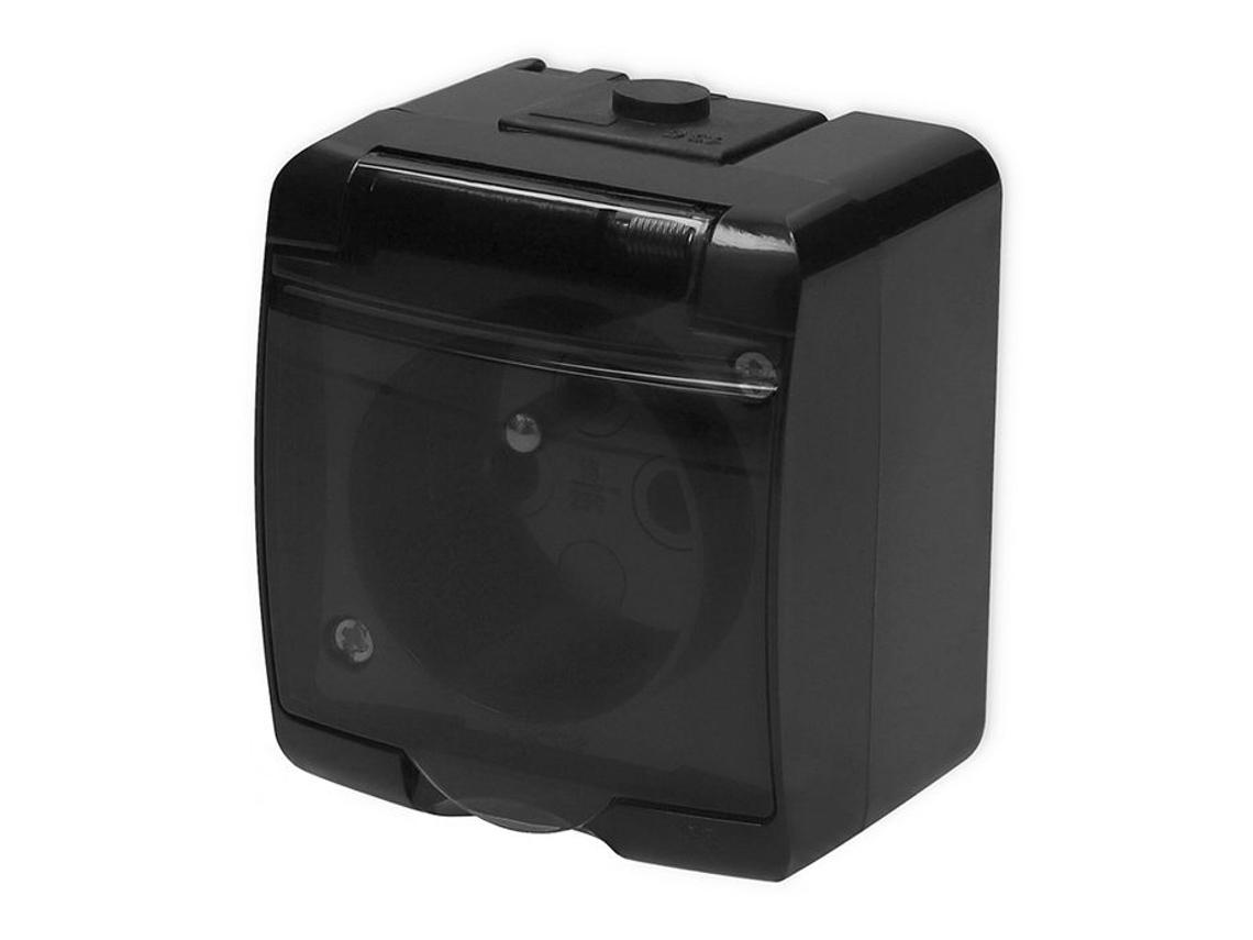 Tomada de aterramento IP54 preta simples com capa protetora pintada Karlik Junior 12ghe 1d