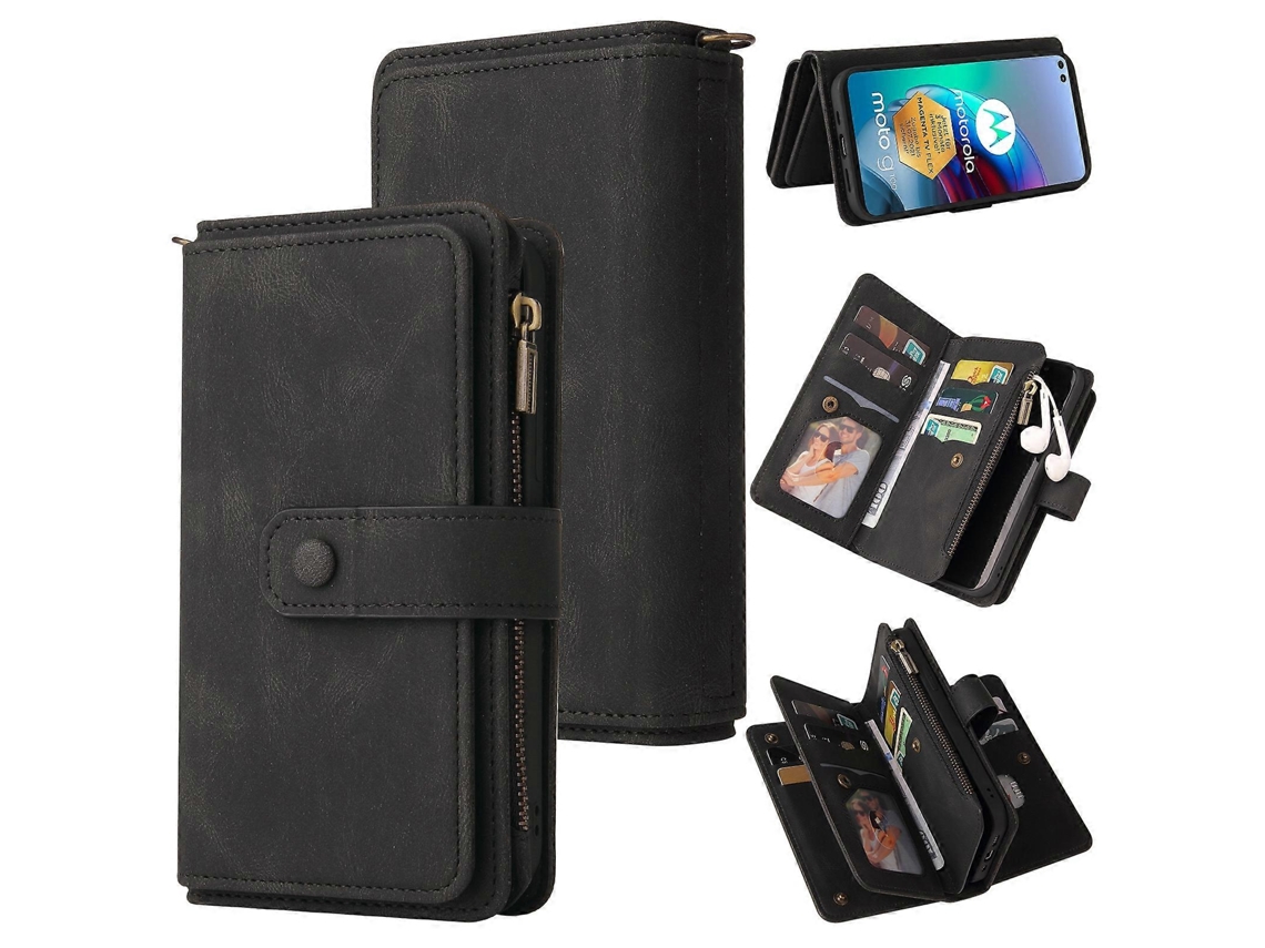 Capa De Couro Sintético Pu + Tpu Com Aba Horizontal Para Motorola Edge S, Com Suporte, Compartimento Para 15 Cartões, Carteira, Bolso Com Zíper E Cord