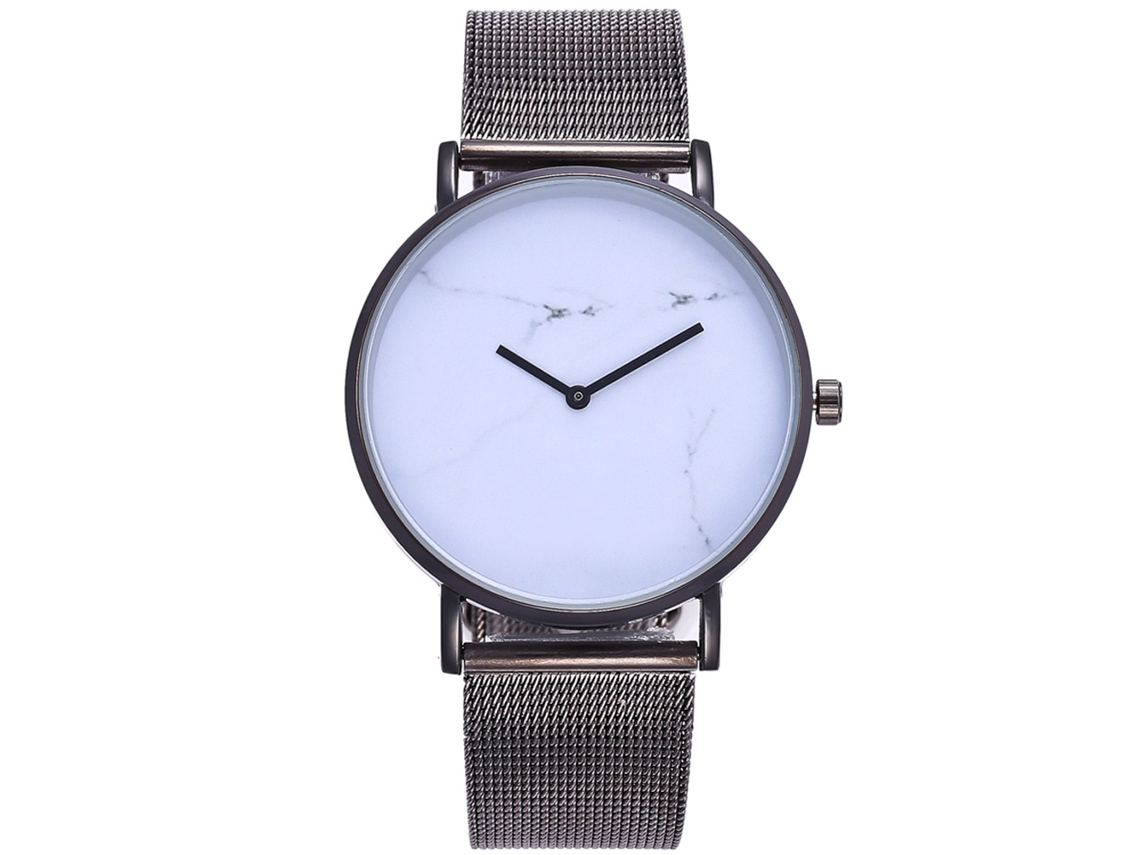 Reloj De Pulsera Unisex De Aleación Simple Con Malla De Acero Letras Mármol Negro Blanco