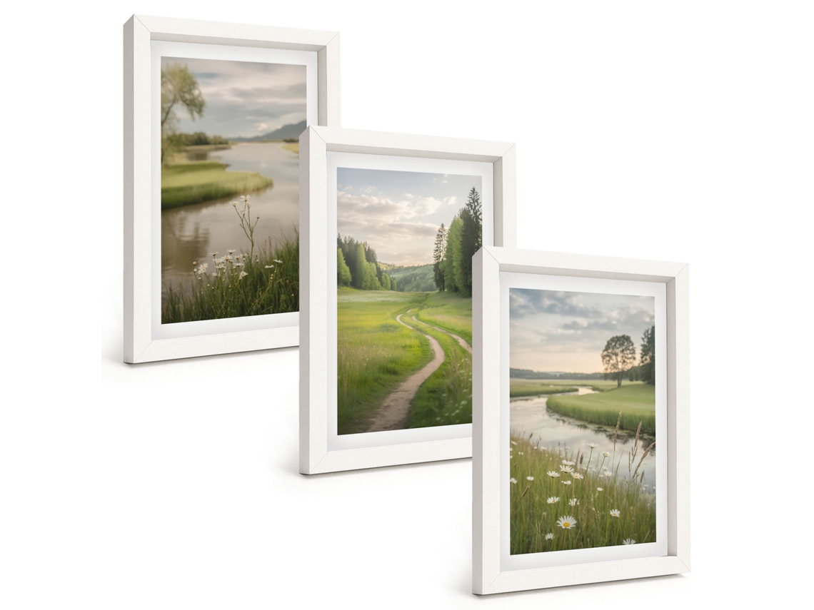 Galeria De Pinturas Murais Paisagens De Verão, Rio E Prado, Flores Moldura Branca Fotos Para O Escritório Espelharte (3 Peças 20x30 Cm)
