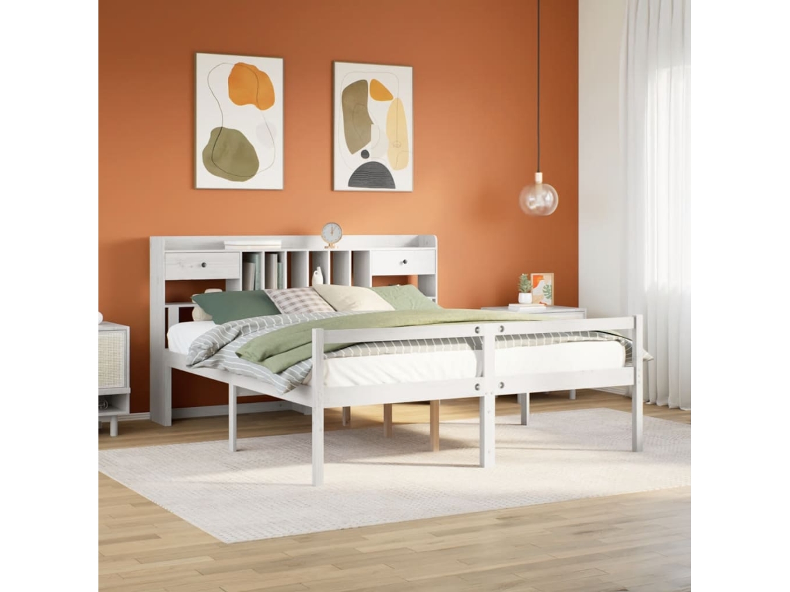 Vidaxl Cama Com Estante Sem Colchão 180x200 Cm Pinho Maciço Branco