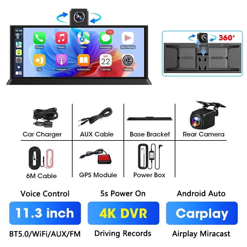 (conjunto Completo) Dvr Automotivo De 11,3 Polegadas, 4k Com Tela Giratória E Carplay
