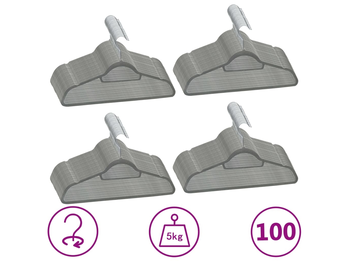 Vidaxl 100 Pcs Conjunto De Cabides Antiderrapantes Veludo Cinzento