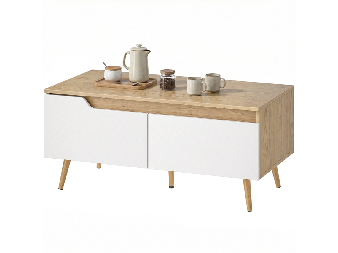 Mesa De Centro Com 2 Gavetões E Pés, Fabricado Em Madeira, Com Borracha, Design Prático E Funcional, 100x50x46 Cm