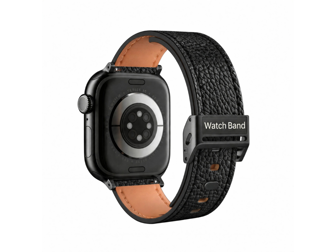 Compatível com Apple Watch S11 e Huawei 22mm, Pulseira de Couro com Lichia Padrão e Fivela Metálica Perfurada, Preta