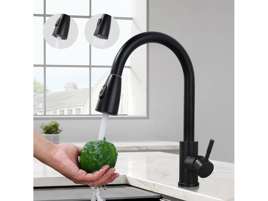 Cano De Cozinha Preto Com Pulso Retrátil Em Aço Inox, Misturador De Pia Com Spray