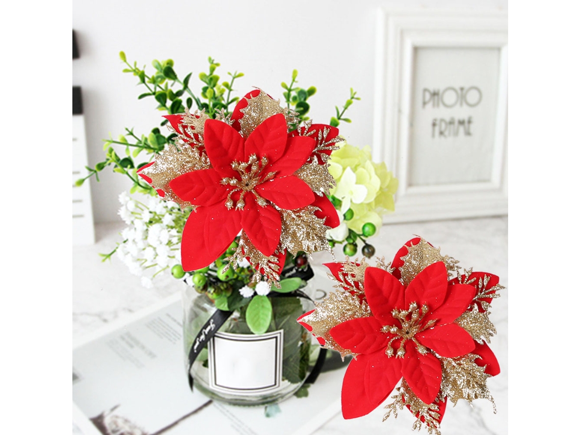 Decorações De Natal Folha Vazada Glitter Ouro Vermelho Flor Diy