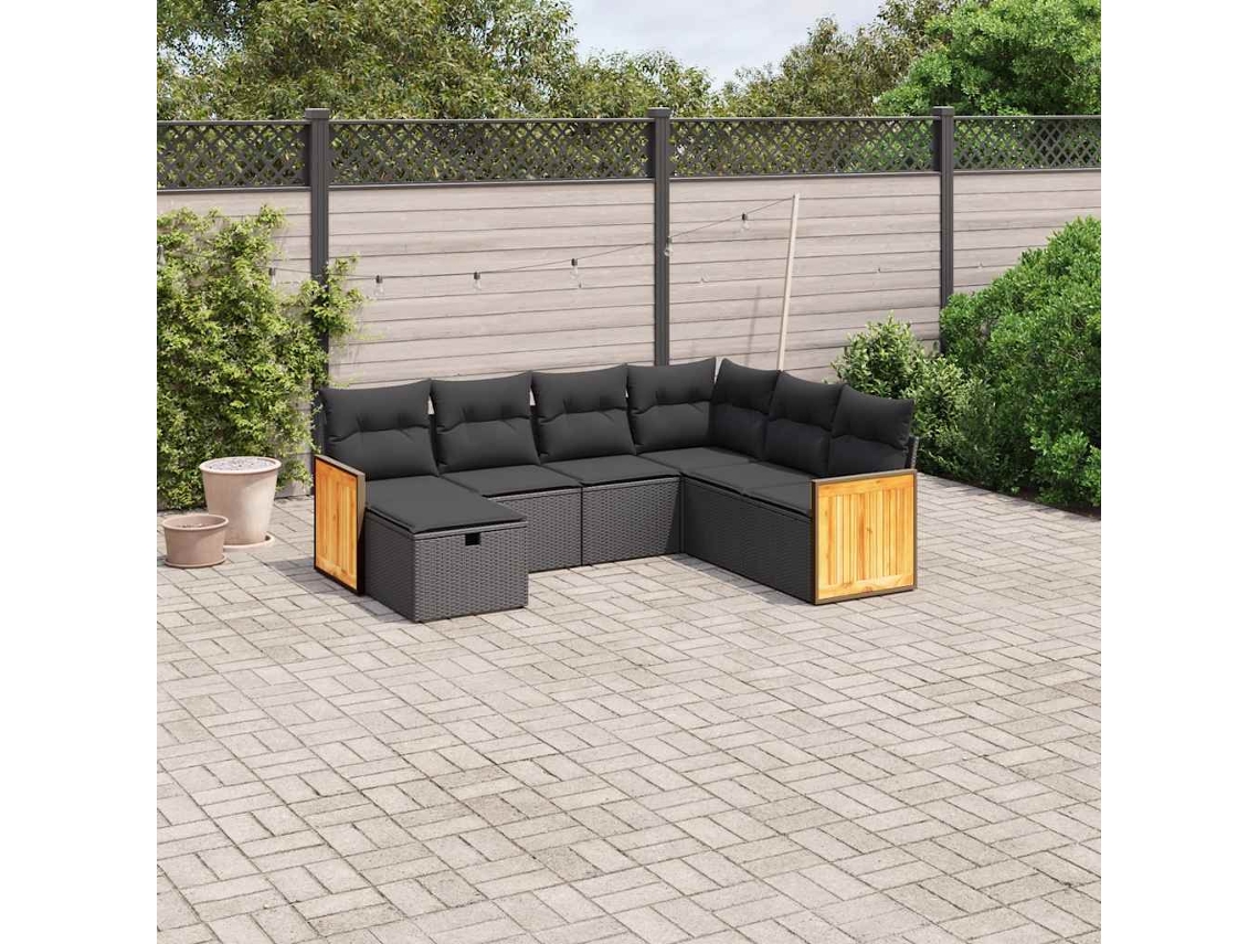 Vidaxl 7 Pcs Conjunto De Sofás P/ Jardim C/ Almofadões Vime Pe Preto