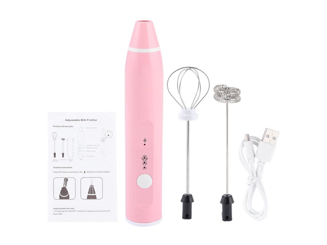 Batedor Elétrico de Leite Recarregável 3 Velocidades para Café Ovo Espuma de Leite Rosa
