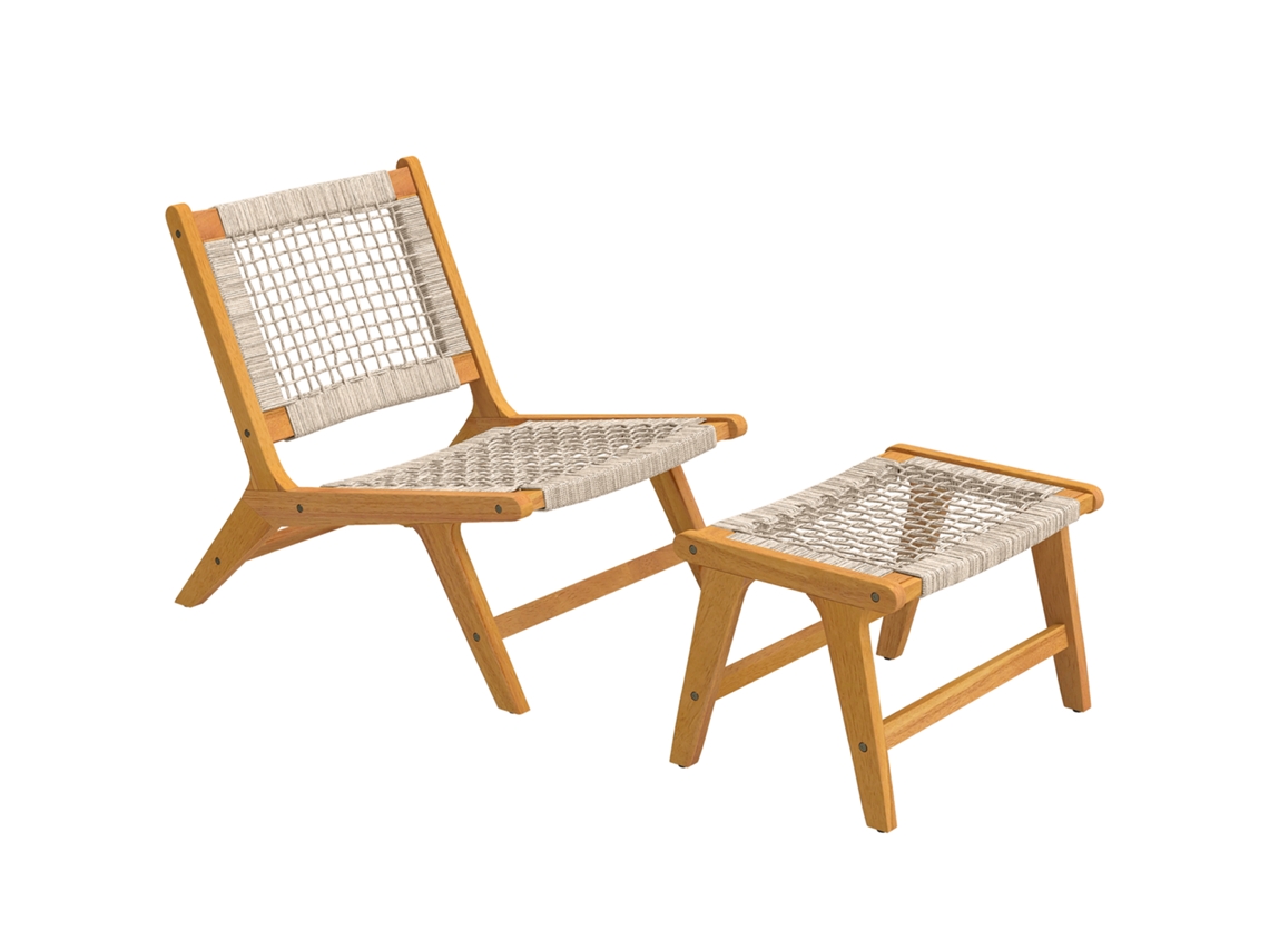 Poltrona De Jardim-apoio Para Os Pés, Conjunto 2 Peças, Madeira Acáciafsc, Cadeira Descanso Para Exterior-assento Rattan, Estilo Boho, Pés Ajustáveis